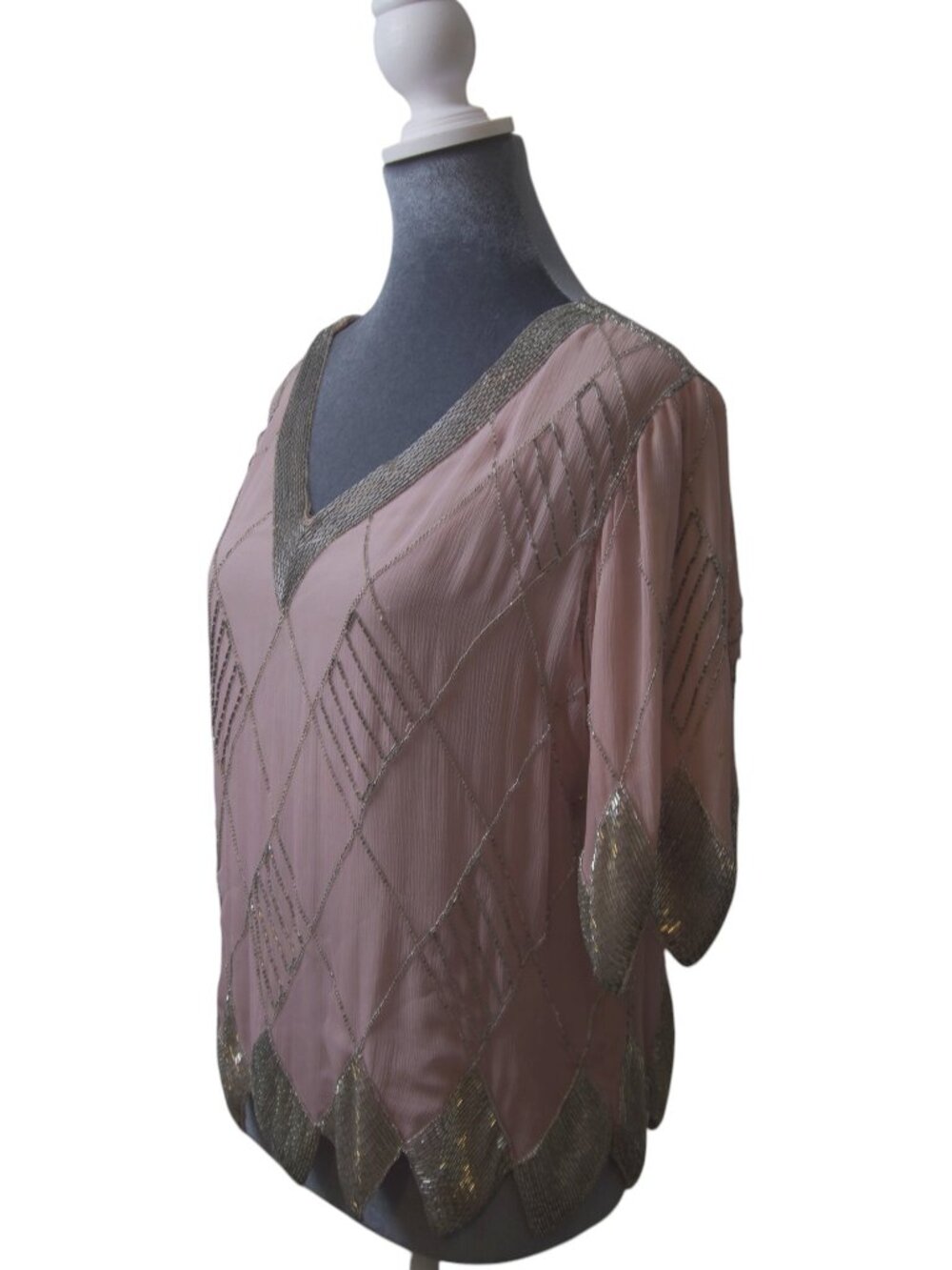 Judith Ann Creations 100% Silk Dusty Pink Silver Beaded Art Deco Top M - Picture 4 of 16